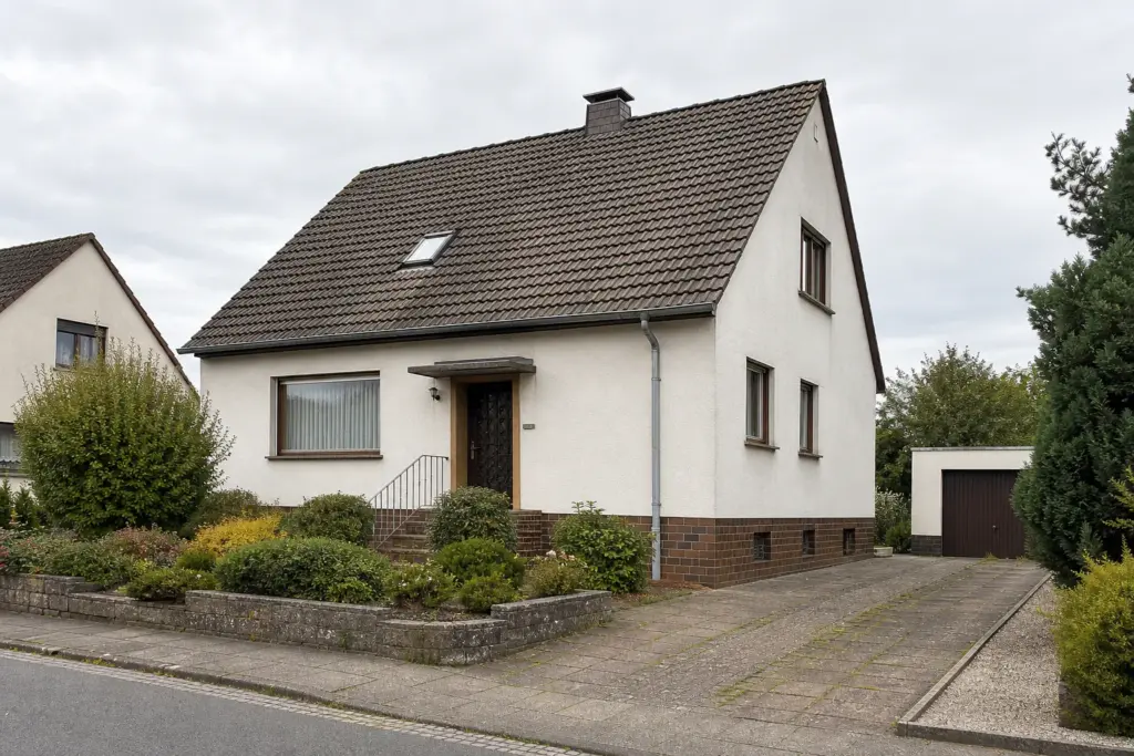 Älteres freistehendes Wohnhaus mit Garten und sichtbarem Modernisierungsbedarf